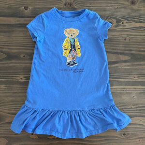 Polo Ralph Lauren Girls Dress 3T Blue Yellow Polo Bear Ruffle Hem Drop Waist